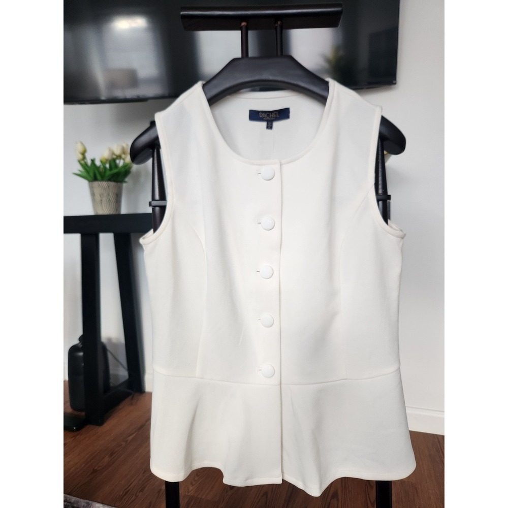 Rachel Rachel Roy White Peplum Sleeveless Button Front Top Crew Neck Womens M